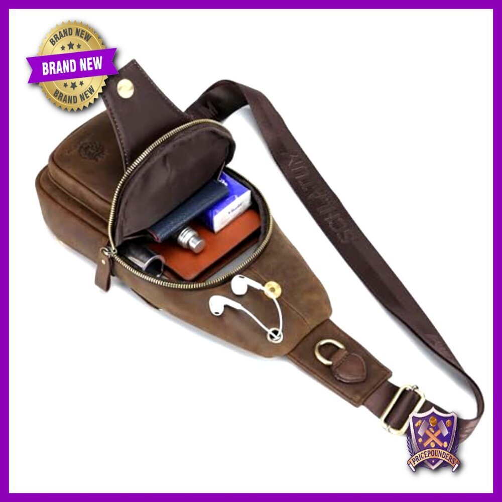 Genuine Leather Sling Bag Vintage Luxury Casual Daypack Adjustable Strap - Picture 6 of 7